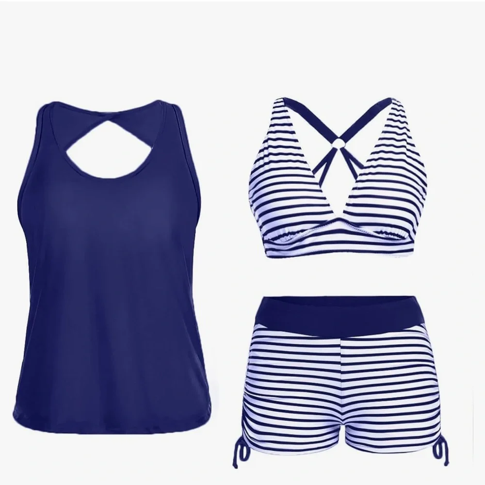 Women’s 3 pcs Tankini Bathing Suit Stripe Bikini Swimsuit NWT Size XL